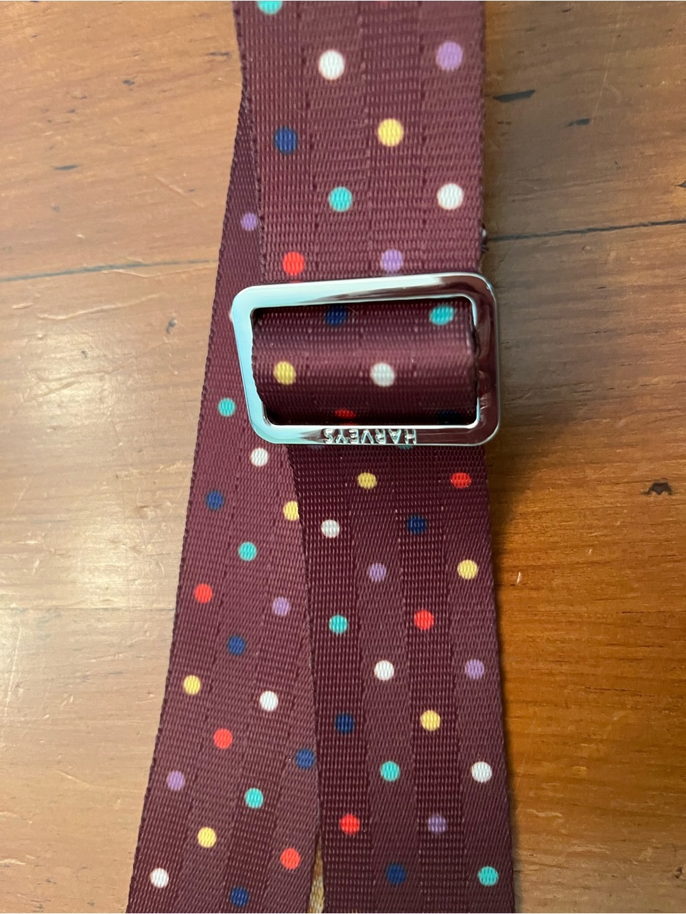 Harveys Click n’ Carry Seatbelt Crossbody Strap - Chocolate Brown w/Multi Dots